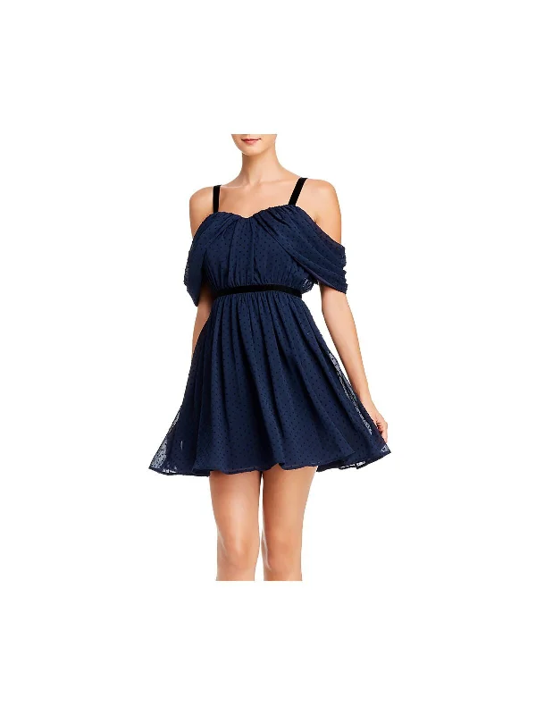 Crazy Savings AQUA Womens Cold Shoulder Polka Dot Sleeveless Off Shoulder Short Evening Fit + Flare Dress