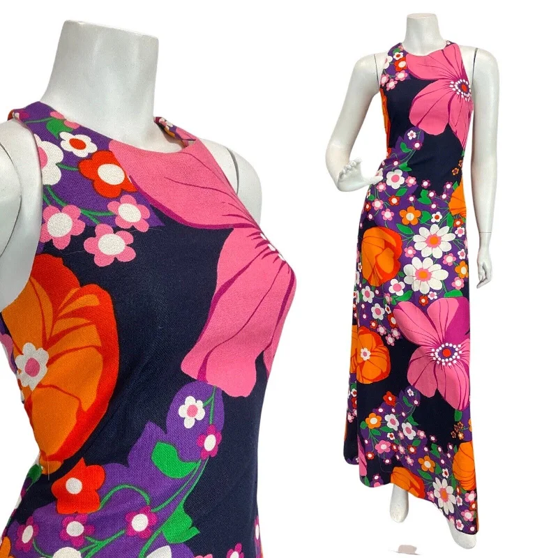 Price Drop VINTAGE 60s 70s PINK BLUE ORANGE FLOWER DAISY MOD HALTER MAXI DRESS 8