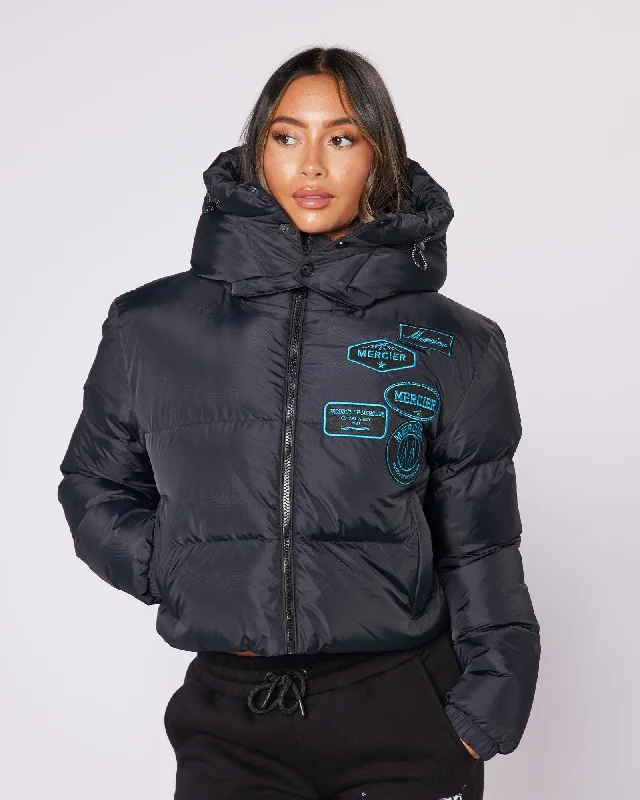 TIME-Limited Offer fashionable outerwearWomens Black/Aqua Cropped Puffer Jacket