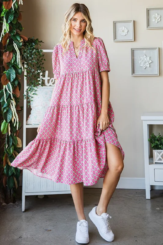 Clearance Event casual knit dressFirst Love Tiered Geometric Notched Short Sleeve Dress
