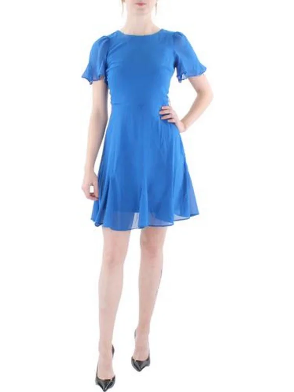 Petites Womens Chiffon Flutter Sleeves Fit & Flare Dress