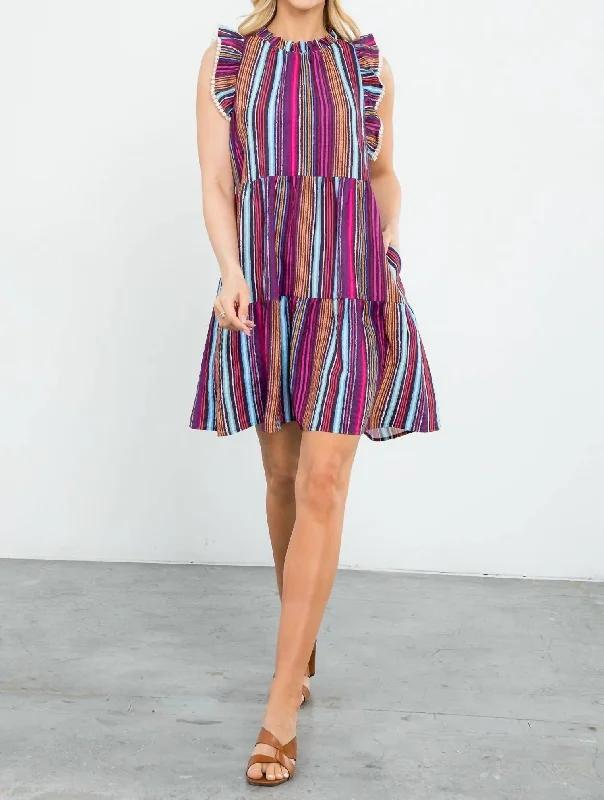 Stripe Print Ruffle Sleeve Dress In Multi