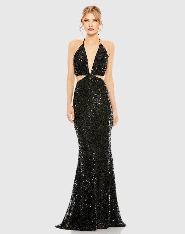 Black Cut Out Halter Tie Back Sequin Gown