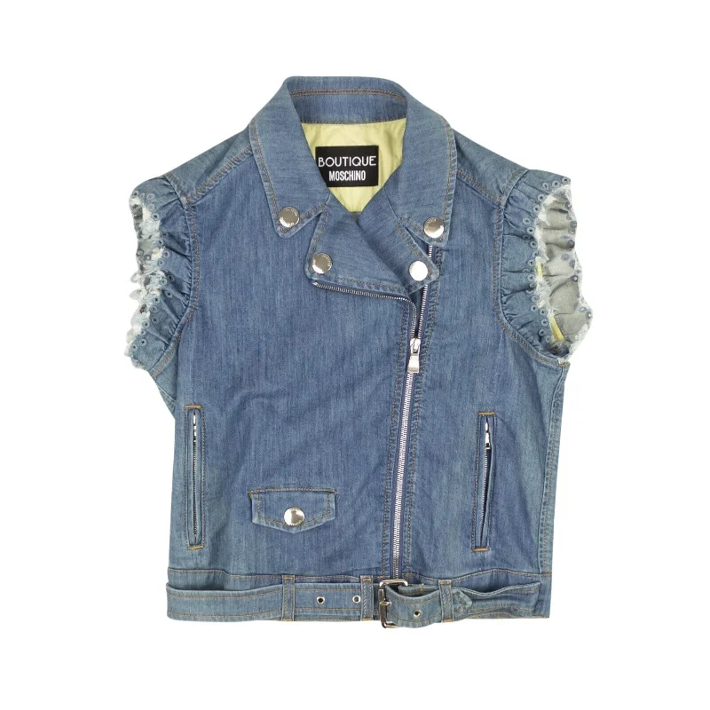 Overstock sleek and warm coatBOUTIQUE MOSCHINO Blue Denim Eyelet Ruffle Sleeveless Vest