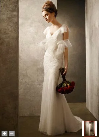 Closeout Vera Wang V Neck Soft A Line Gown with Hand Appliqued Lace