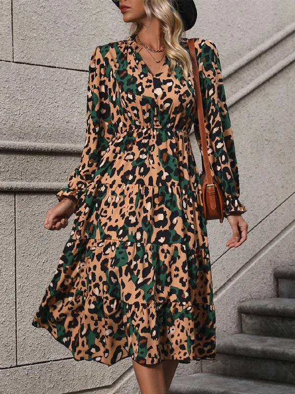 Grand Opening Sale floral dressLeopard Notched Flounce Sleeve Midi Dress