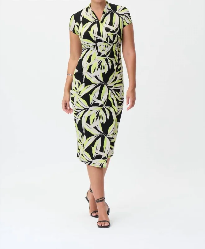 Price Rollback draped dressLeaf Print Wrap Style Dress In Black/multi