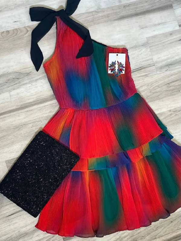 Ombre Pleat Mini Dress In Red