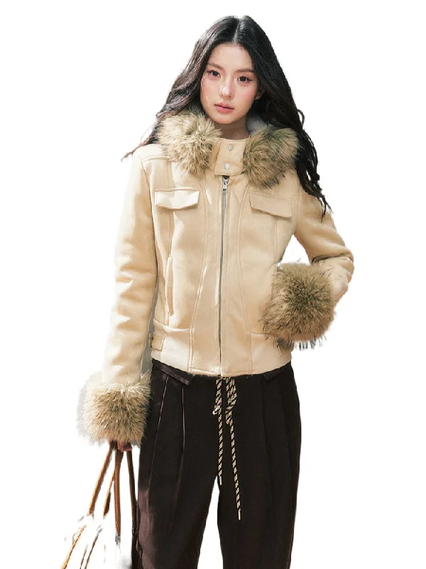 Exclusive Online Offer sleek jacketTwo-Tone Hooded Fur Collar Shearling Coat