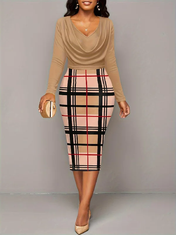 Mega Deal formal dressPlus Size Plaid Long Sleeve Mini Dress