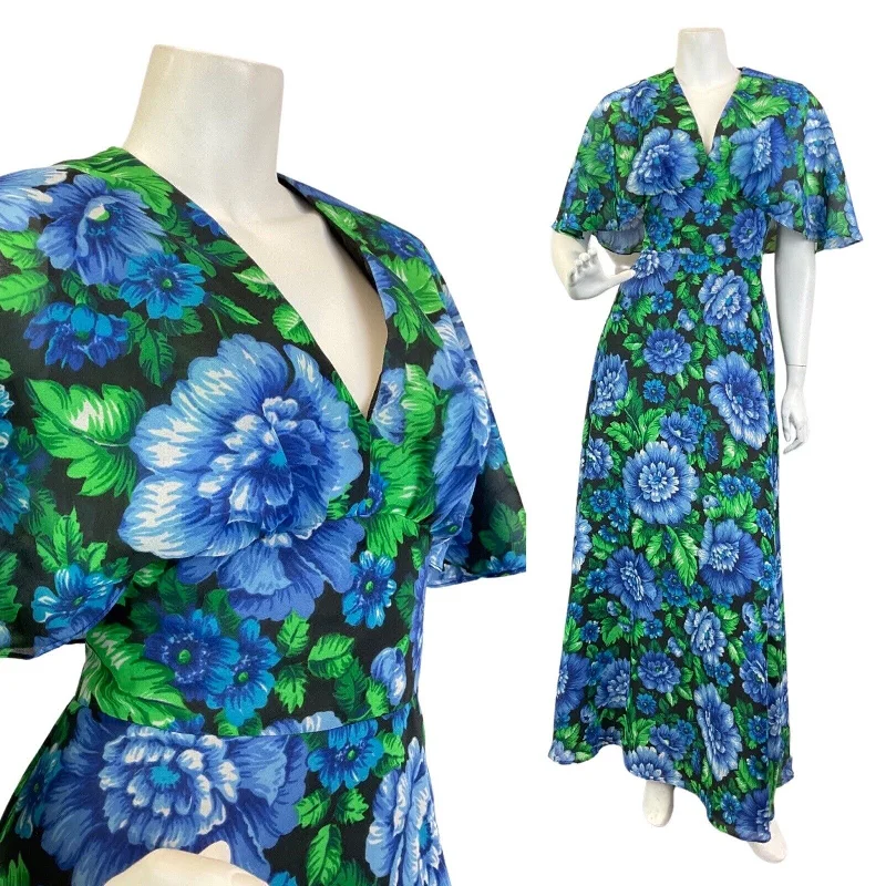 Price Break VINTAGE 60s 70s BLUE GREEN BLACK FLORAL CAPE SLEEVE SUMMER MAXI DRESS 10 12 Price Break VINTAGE 60s 70s BLUE GREEN BLACK FLORAL CAPE SLEEVE SUMMER MAXI DRESS 10 12