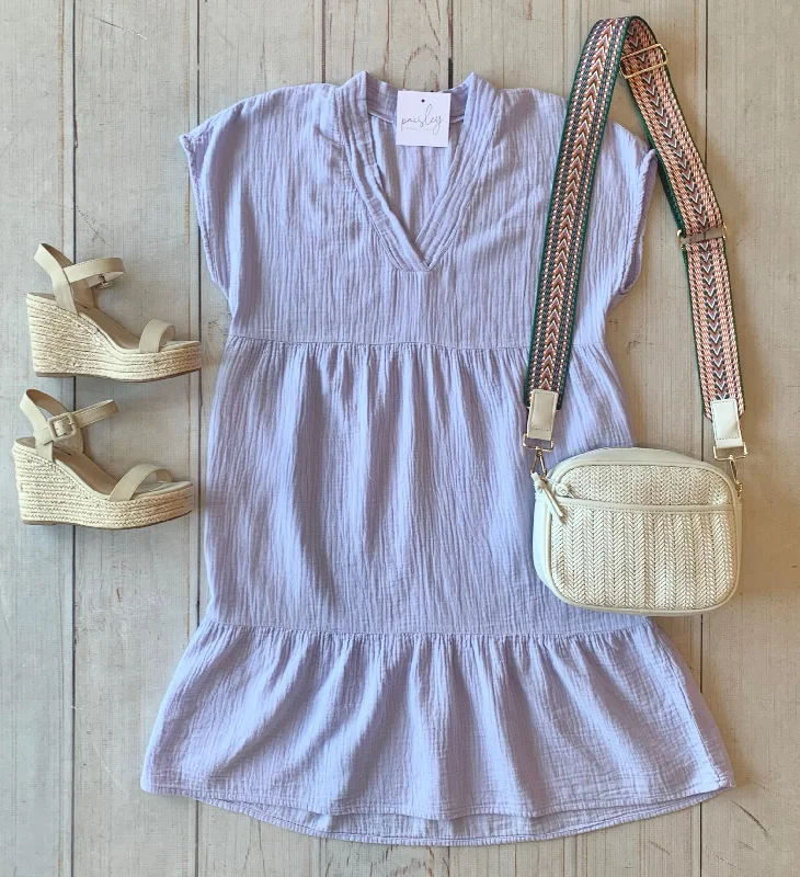 Huge Savings French Lilac Tiered Gauze Dress