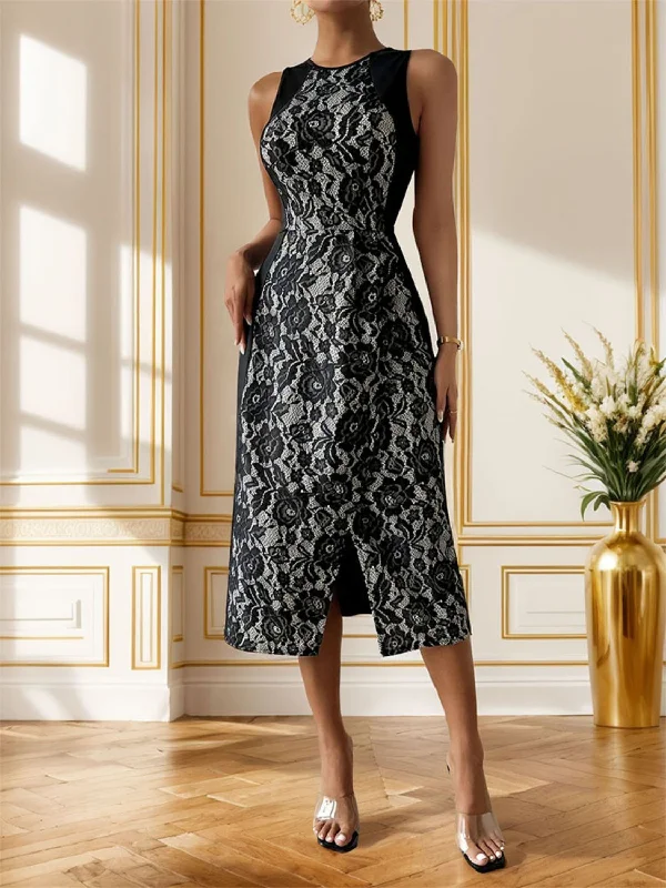 Unmissable Offer knit dressSlit Rose Round Neck Sleeveless Midi Dress