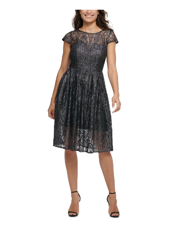Price Buster KENSIE Womens Lace Floral Illusion Neckline Knee Length Cocktail Fit + Flare Dress Price Buster KENSIE Womens Lace Floral Illusion Neckline Knee Length Cocktail Fit + Flare Dress