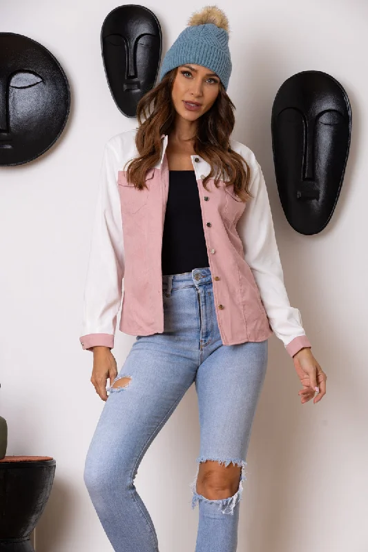 Deep Discounts utility coatPINK/WHITE COLOR BLOCK CORDUROY LONG SLEEVES JACKET-B51570W
